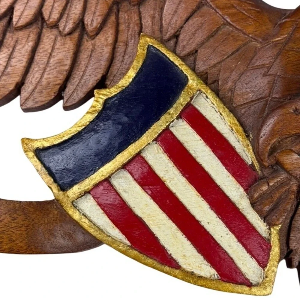 Wood Eagle Wall Plaque Unisex Large Brown Excellent Patriotic Folk Art